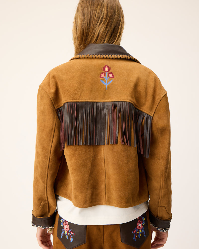 Ginger Camel Suede Leather Jacket with brown fringes