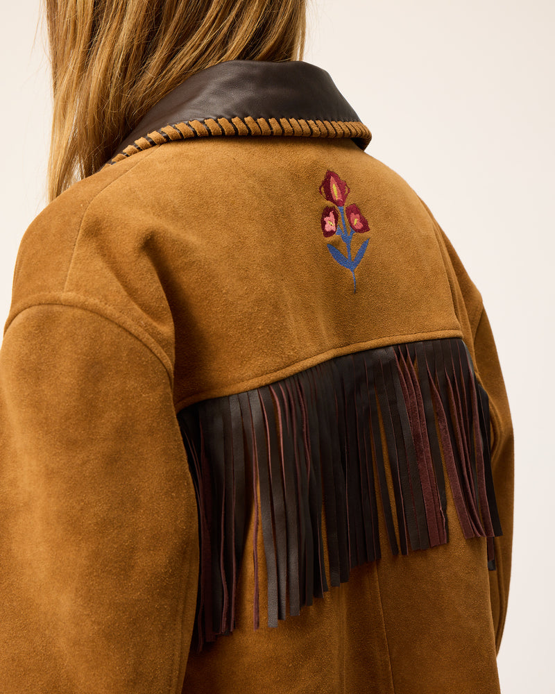 Ginger Camel Suede Leather Jacket with embroideries and fringes 