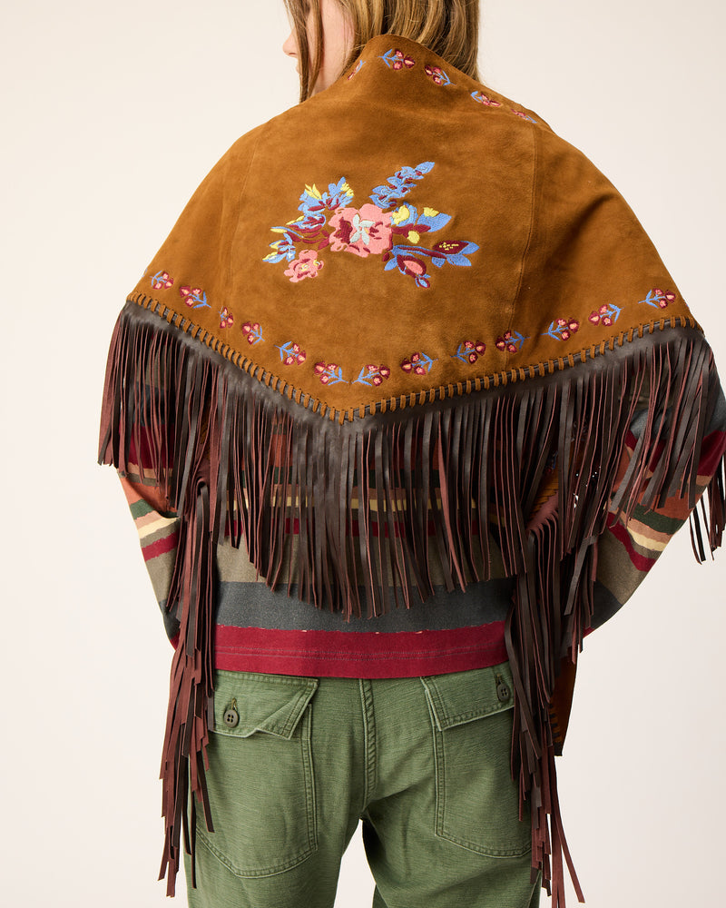 Large suede leather scarf with brown fringes