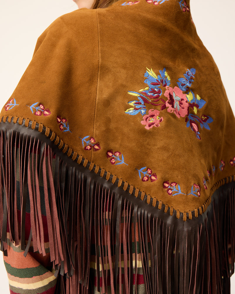 Large suede leather scarf with brown fringes and embroideries