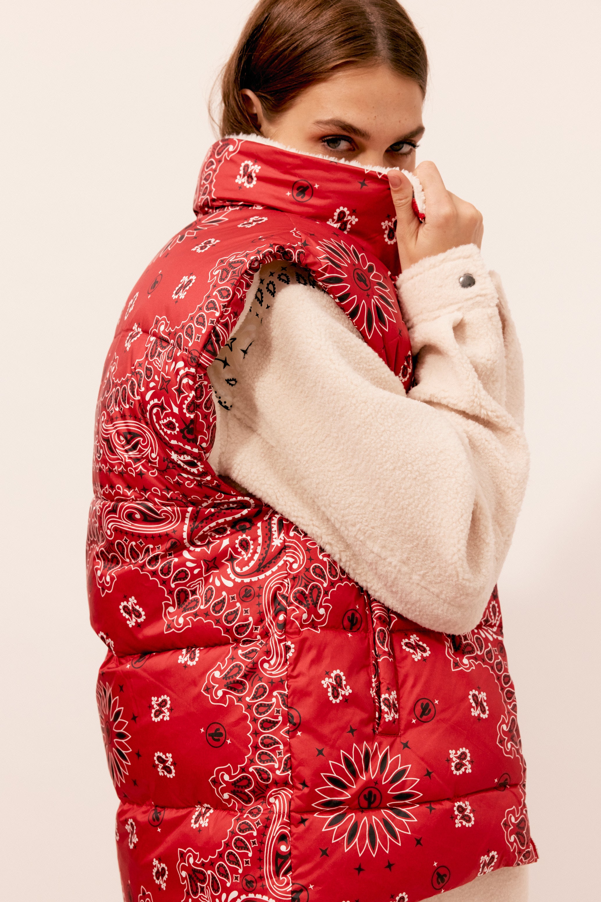 Red bandana bubble coat on sale